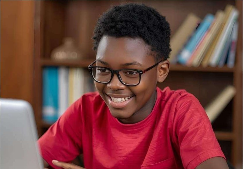 Young student learning confidently on a laptop during an online tutoring session.